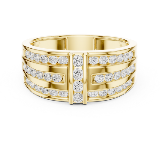 0.75 CTW Multi-Row Round Lab-Grown Diamond Wide Band with Geometric Center Detail in 14K Gold