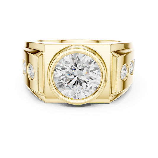 3.66 CTW Round Lab-Grown Diamond Bezel-Set Men’s Statement Ring with Side Diamonds in 14K Gold