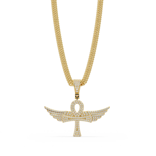 Winged Ankh Diamond Pendant Necklace