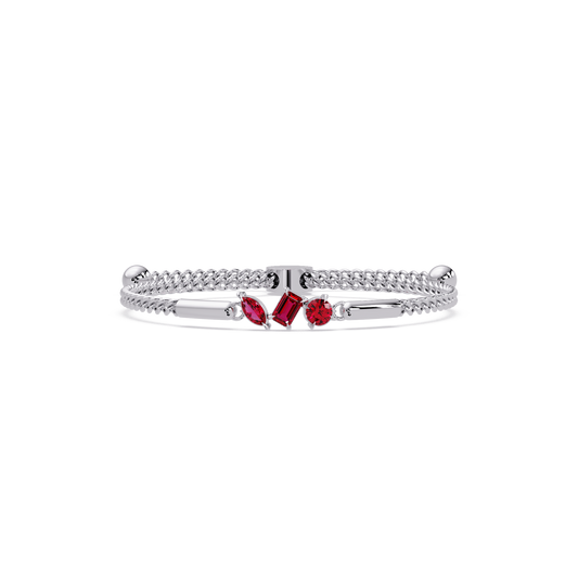Three-stone mixed-cut colorstone hinged bangle in white gold with red stones
