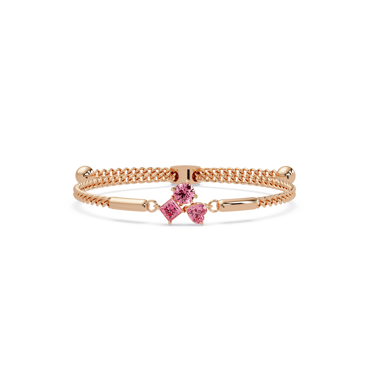 Three-stone lab-grown colorstone adjustable chain bracelet with tourmaline pink stones in rose gold