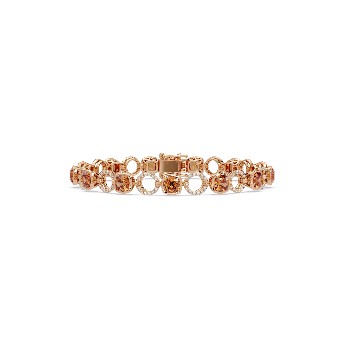 Cushion champagne topaz colorstone and pavé circle link bracelet in rose gold