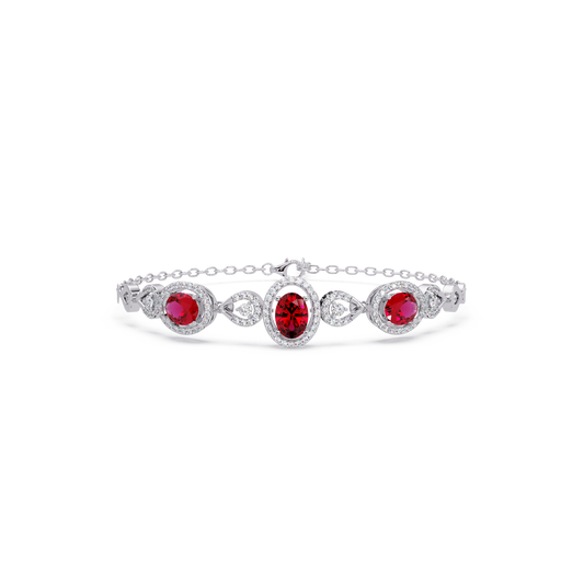 Lunéa Paris three-oval halo pavé bracelet in white gold, red colorstones