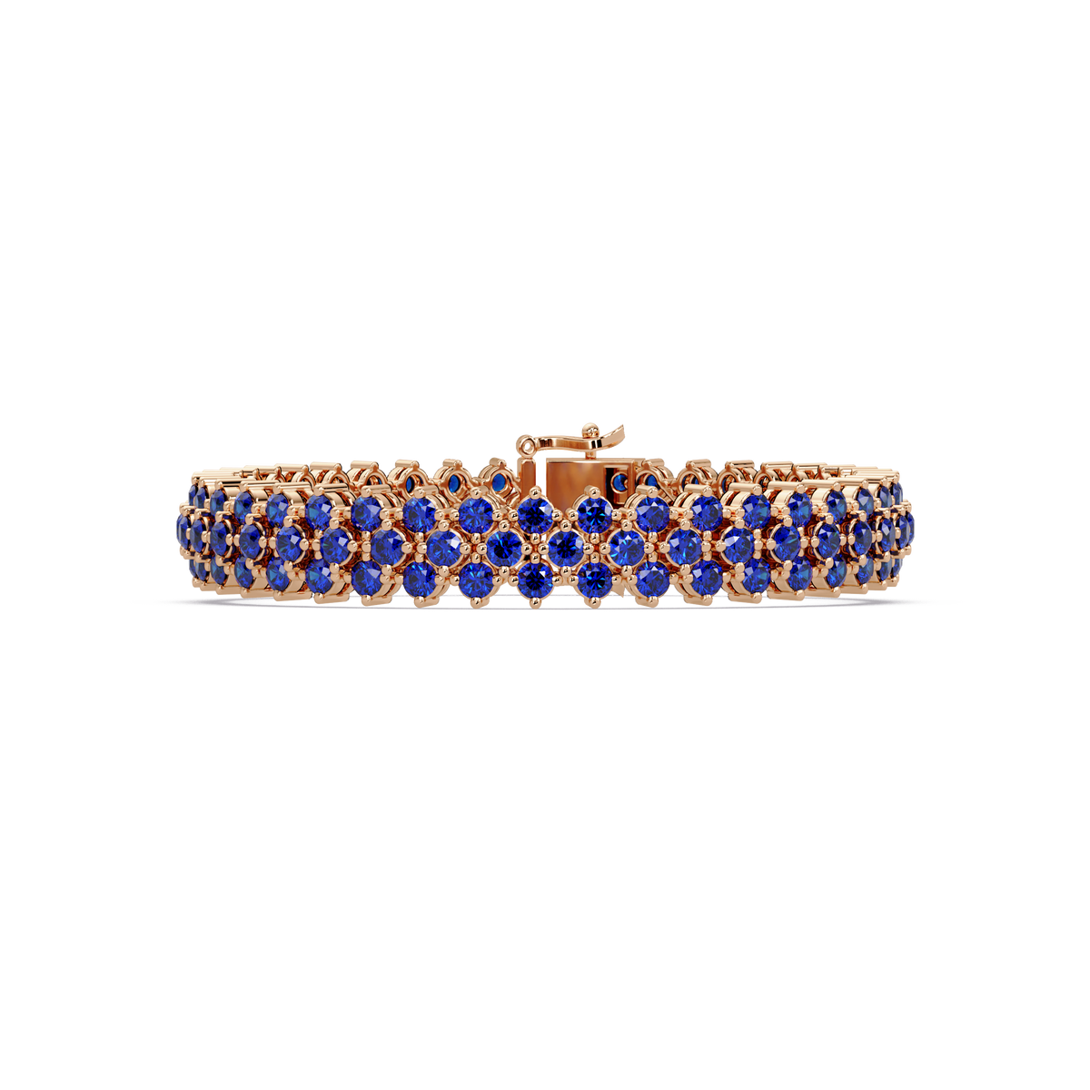 Diamond-lattice round sapphire blue colorstone tennis bracelet in rose gold