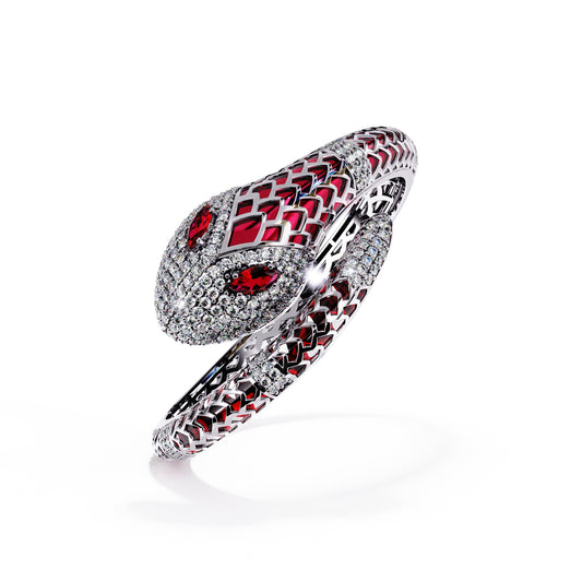 Ruby red enamel serpent colorstone wrap bangle front view