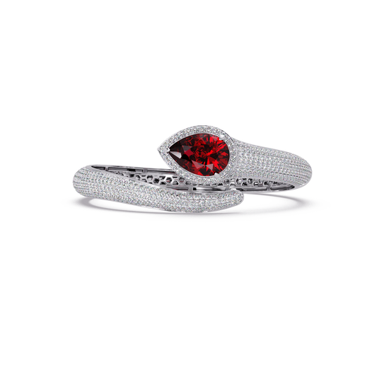 Lunéa Paris pear gemstone pavé open cuff bracelet in white gold, ruby red stone