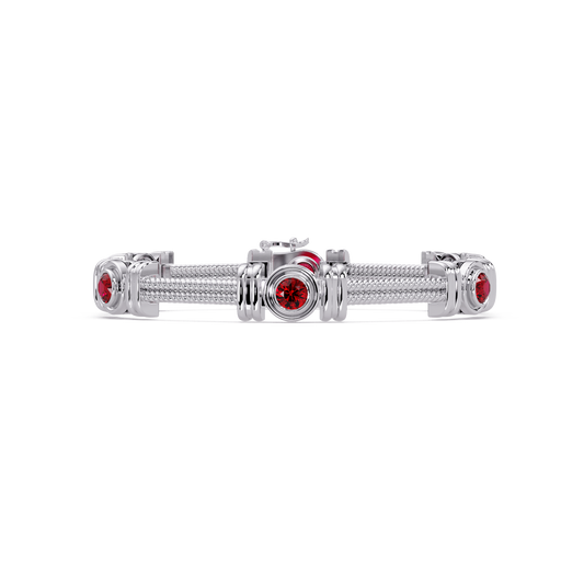 Six-stone round colorstone rope-link station bracelet in white gold with red gemstones