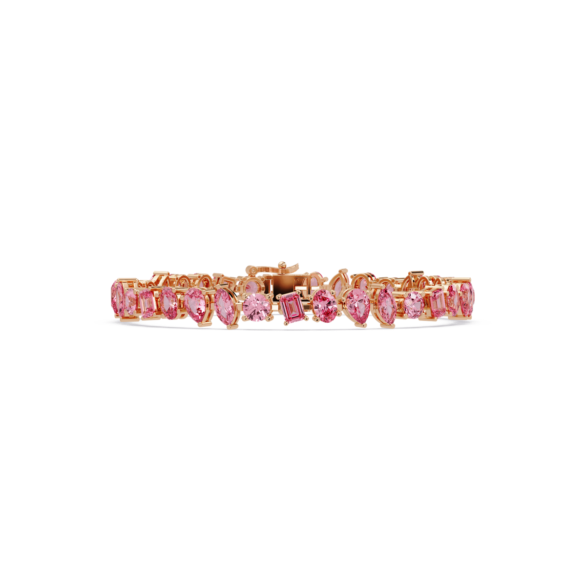 Oval, emerald, marquise, pear and round tourmaline pink colorstone tennis bracelet in rose gold