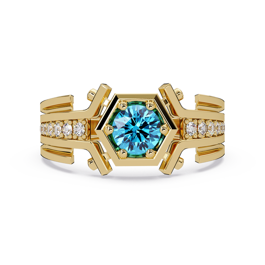 0.8 CTW Round Hexagonal Men’s Colorstone Ring with Aquamarine Blue in Yellow Gold – Lunéa Paris