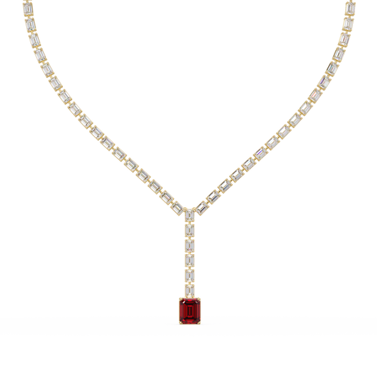 Emerald-cut ruby red colorstone tennis necklace in yellow gold