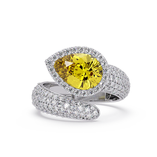 3.0 CTW pear-cut Citrine Yellow halo pavé bypass ring in 14K White Gold with round pavé accent stones.