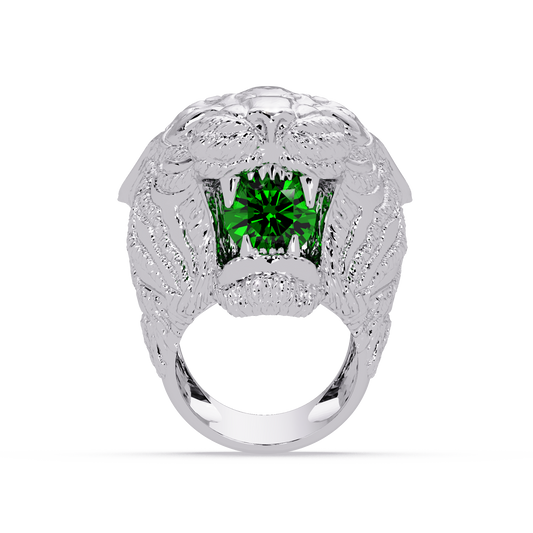 2.4 CTW Round Lion Crest Colorstone Signet Ring with Emerald Green stone in 14K White Gold – Lunéa Paris