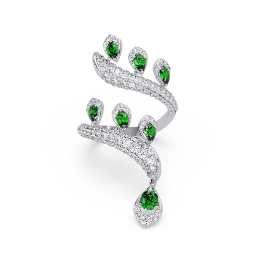 2.2 CTW Pear & Pavé Sculptural Bypass Colorstone Ring with Emerald Green stone in 14K White Gold – Lunéa Paris