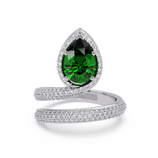 1.8 CTW Pear Halo Pavé Wrap Colorstone Ring with Emerald Green stone in 14K White Gold – Lunéa Paris