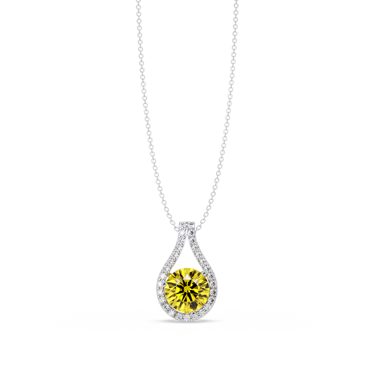 3.2 CTW Round Teardrop Halo Colorstone Pendant Necklace – Citrine Yellow – 14K White Gold