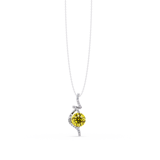 2.0 CTW Round Swirl Halo Colorstone Pendant Necklace – Citrine Lemon Yellow – 14K White Gold