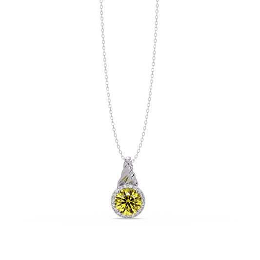 0.9 CTW Round Rope Bail Halo Colorstone Pendant Necklace - Citrine Lemon Yellow - 14K White Gold