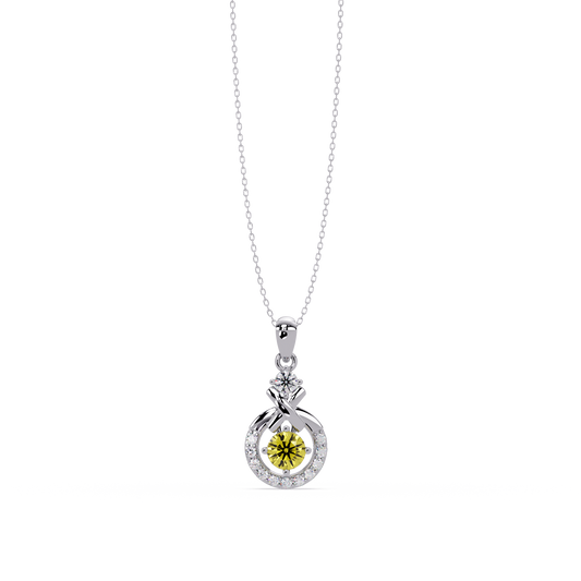 0.6 CTW Round Infinity Halo Colorstone Pendant Necklace - Citrine Lemon Yellow - 14K White Gold