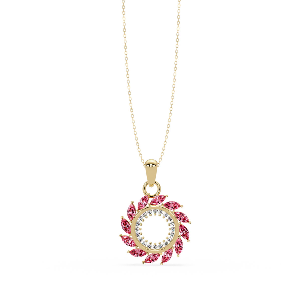 1.6 CTW Marquise Sunburst Open Circle Colorstone Pendant Necklace - Tourmaline Rose Pink - 14K Yellow Gold