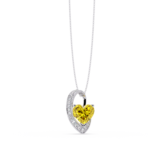 2.5 CTW Heart Curve Colorstone Pendant Necklace — Citrine Lemon Yellow — 14K White Gold