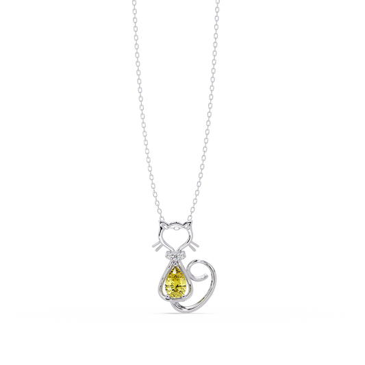 0.4 CTW Pear Cat Motif Colorstone Pendant Necklace — Citrine Lemon Yellow — 14K White Gold