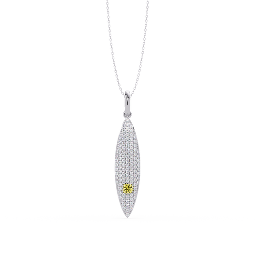 0.8 CTW Round Pavé Marquise Leaf Colorstone Pendant Necklace — Citrine Lemon Yellow — 14K White Gold