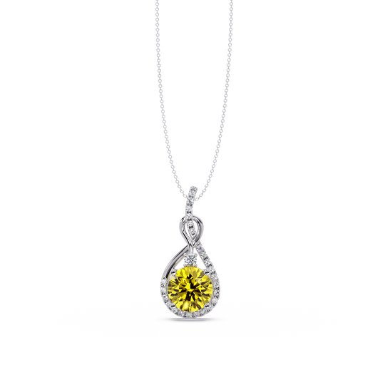 3.4 CTW Round Teardrop Halo Colorstone Pendant Necklace — Citrine Lemon Yellow — 14K White Gold