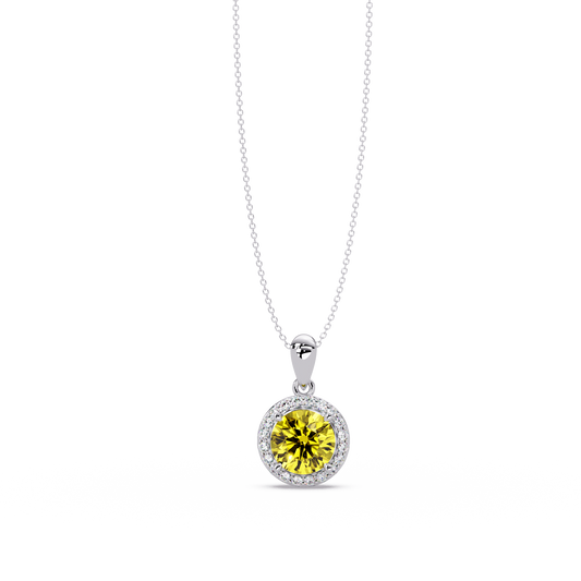 1.6 CTW Round Halo Colorstone Pendant Necklace — Citrine Lemon Yellow — 14K White Gold
