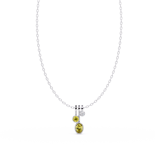 1.1 CTW Oval & Round Linear Drop Colorstone Pendant Necklace — Citrine Lemon Yellow — 14K White Gold