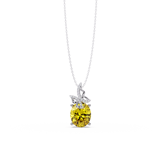 4.0 CTW Oval Butterfly Colorstone Pendant Necklace — Citrine Lemon Yellow — 14K White Gold