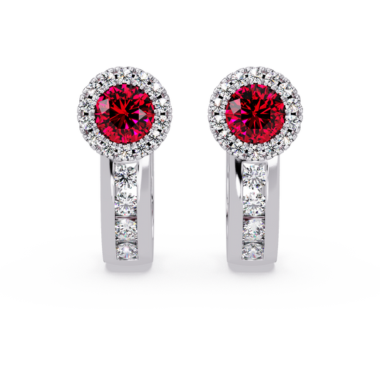 Halo colorstone huggie earrings in white gold, Ruby Red center stones