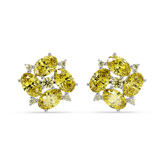 ER CAD-003 oval and round colorstone cluster stud earrings, Citrine Yellow, white gold