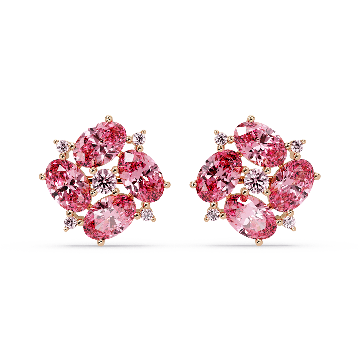 ER CAD-003 oval and round colorstone cluster stud earrings, Tourmaline Pink, rose gold