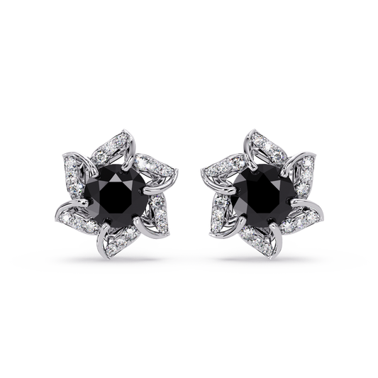 ER CAD-005 floral colorstone cluster stud earrings, Onyx, white gold