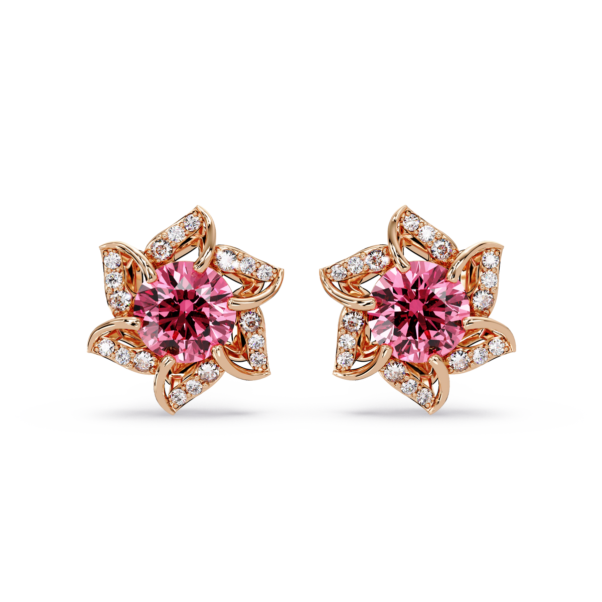 ER CAD-005 floral colorstone cluster stud earrings, Tourmaline Pink, rose gold