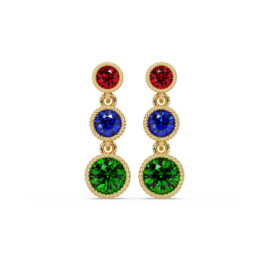 Multicolor triple bezel round drop earrings in yellow gold