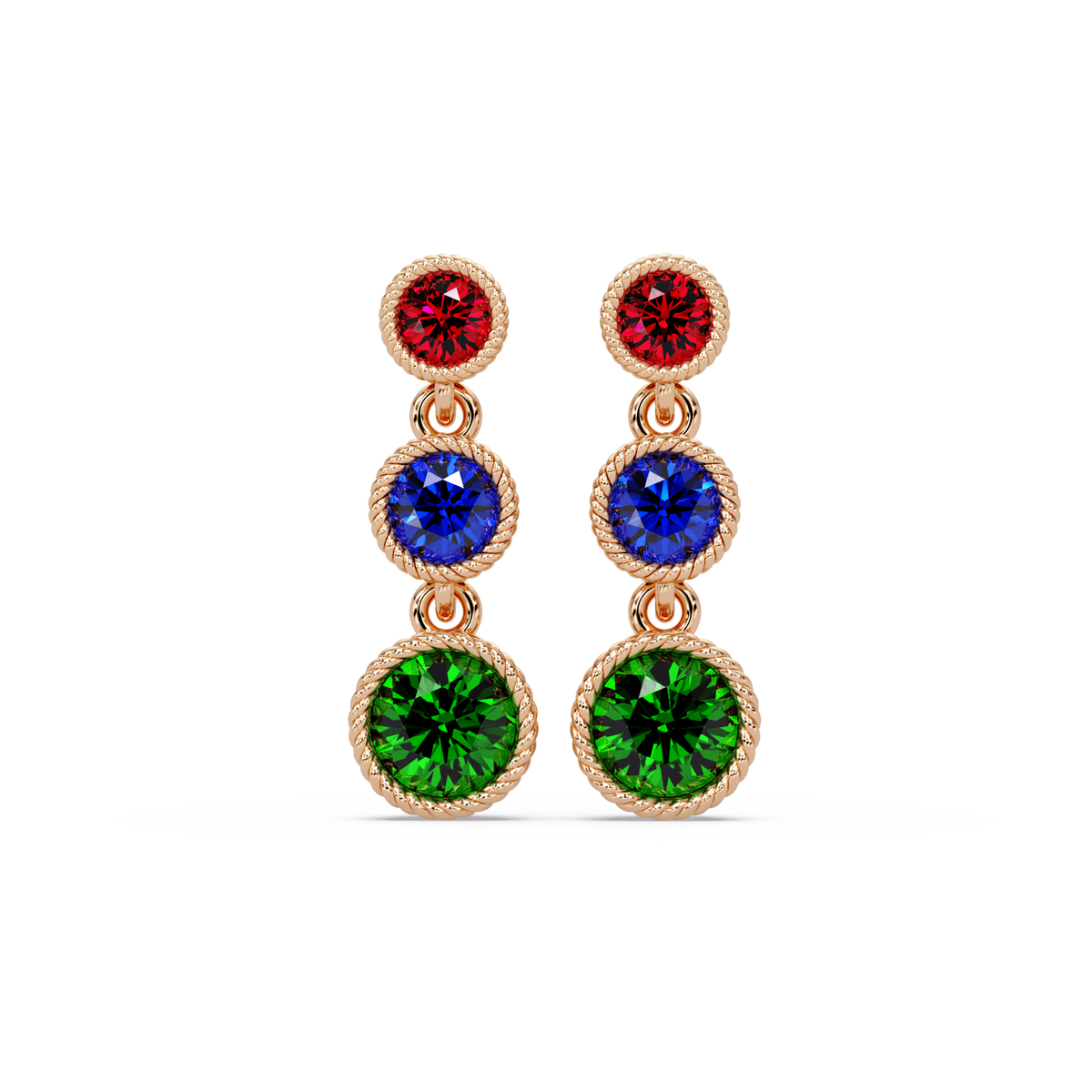 Multicolor triple bezel round drop earrings in rose gold