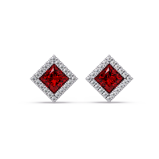 1.5 CTW Princess halo colorstone stud earrings in White gold with Ruby Red center stones