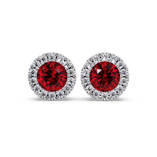 0.8 CTW Round Halo Colorstone Stud Earrings in White gold with Ruby Red center stones