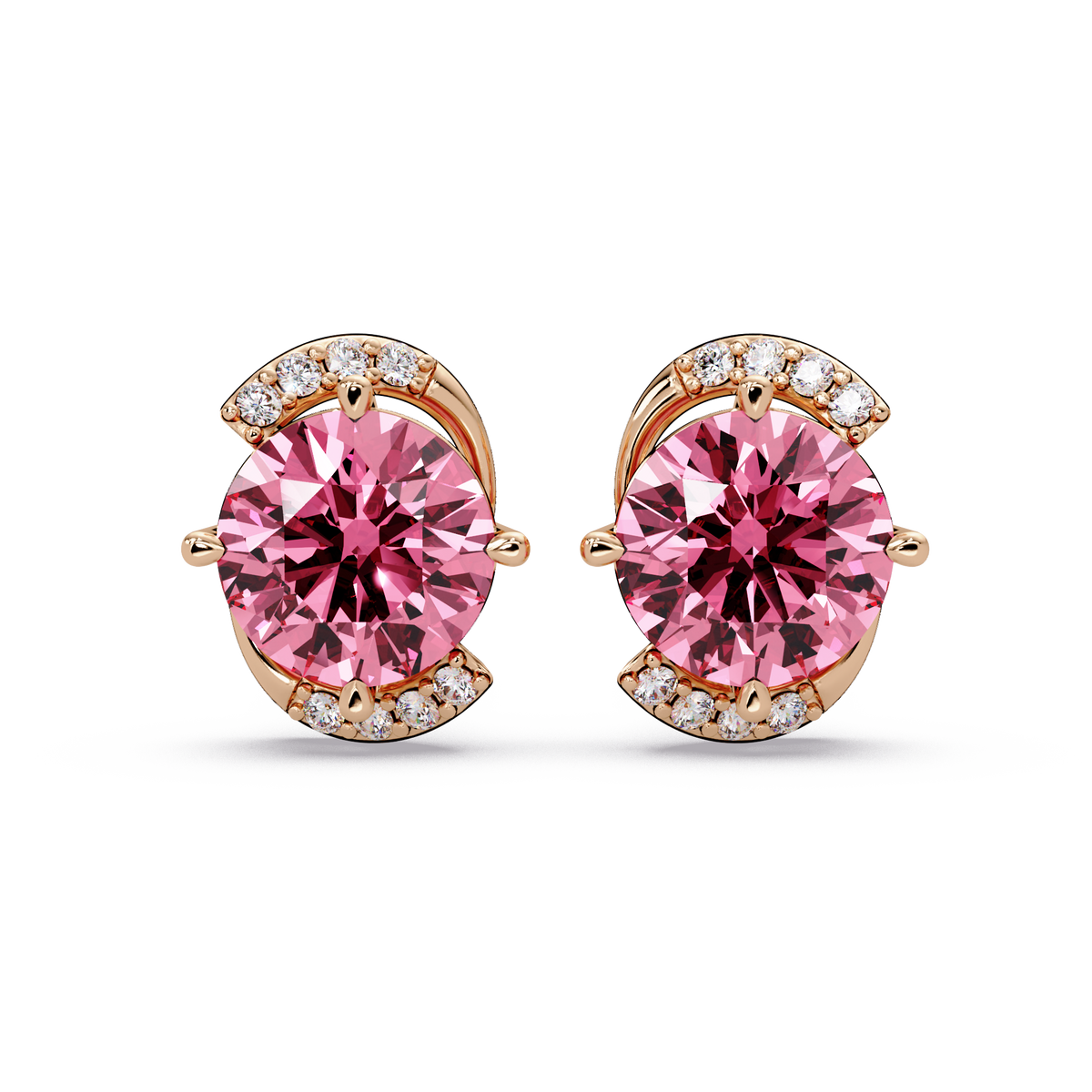 1.7 CTW round halo colorstone stud earrings with white diamond accents in Rose gold, Tourmaline Pink