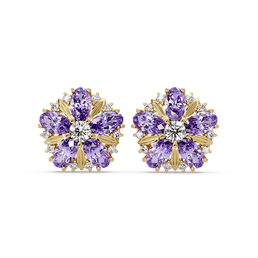 2.1 CTW floral oval colorstone and white diamond stud earrings in Gold, Amethyst Purple