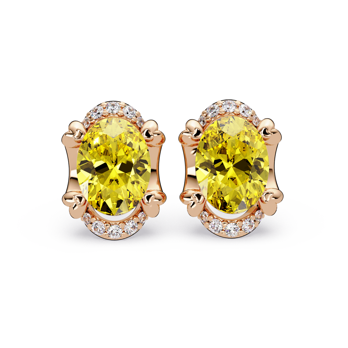 2.4 CTW Oval Halo Colorstone Stud Earrings, Citrine Yellow, 14K Rose Gold