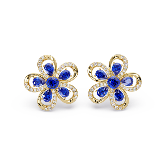 2.3 CTW Floral Pear Colorstone and White Diamond Stud Earrings, Sapphire Blue, 14K Yellow Gold