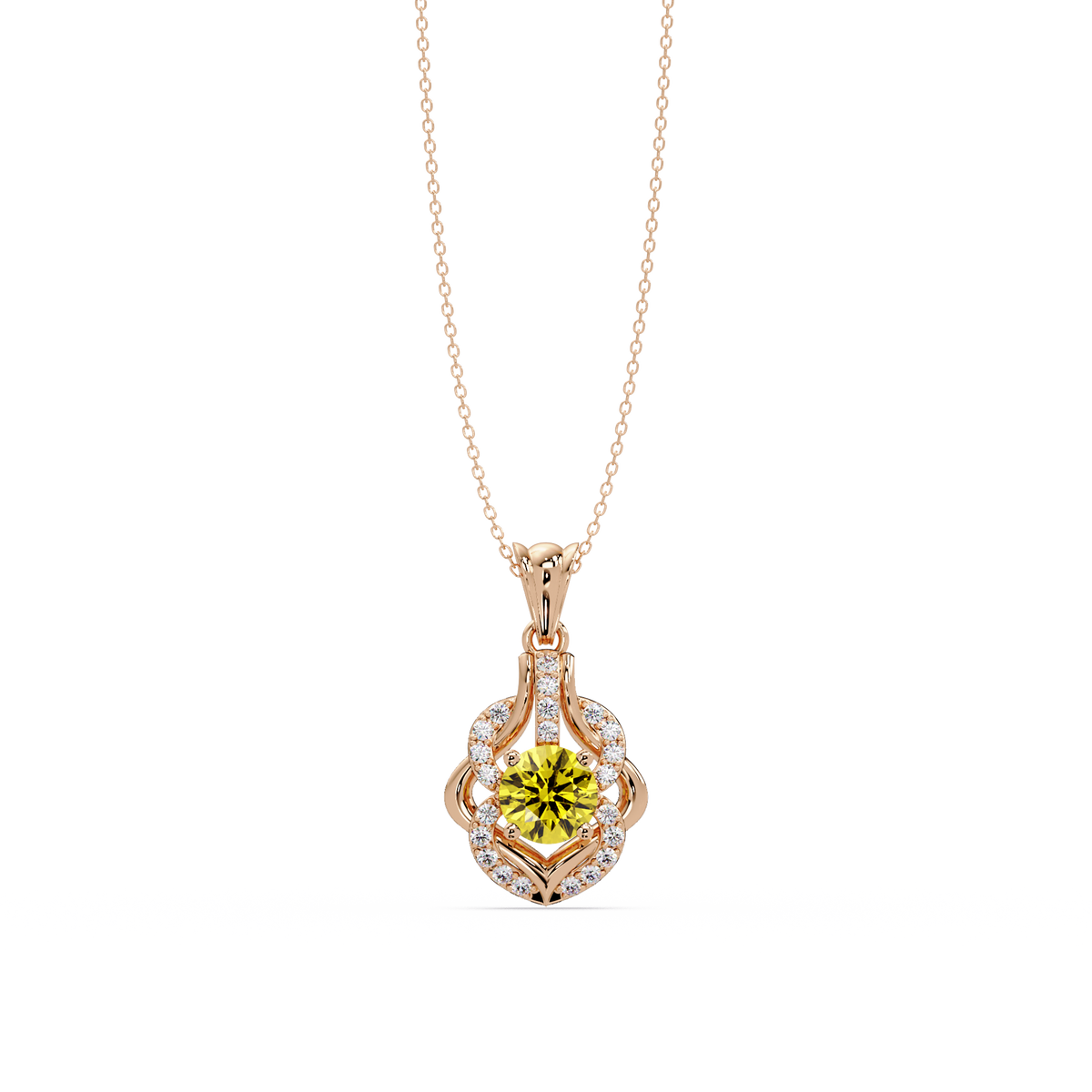 1.6 CTW Round Ornate Frame Colorstone Pendant Necklace — Citrine Lemon Yellow — 14K Rose Gold