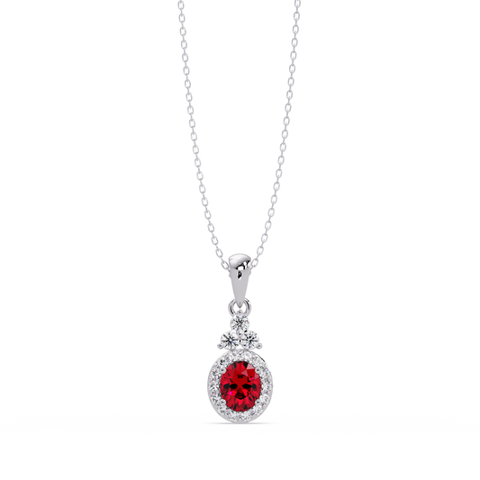 0.7 CTW Oval Halo Cluster Colorstone Pendant Necklace — Ruby Deep Red — 14K White Gold