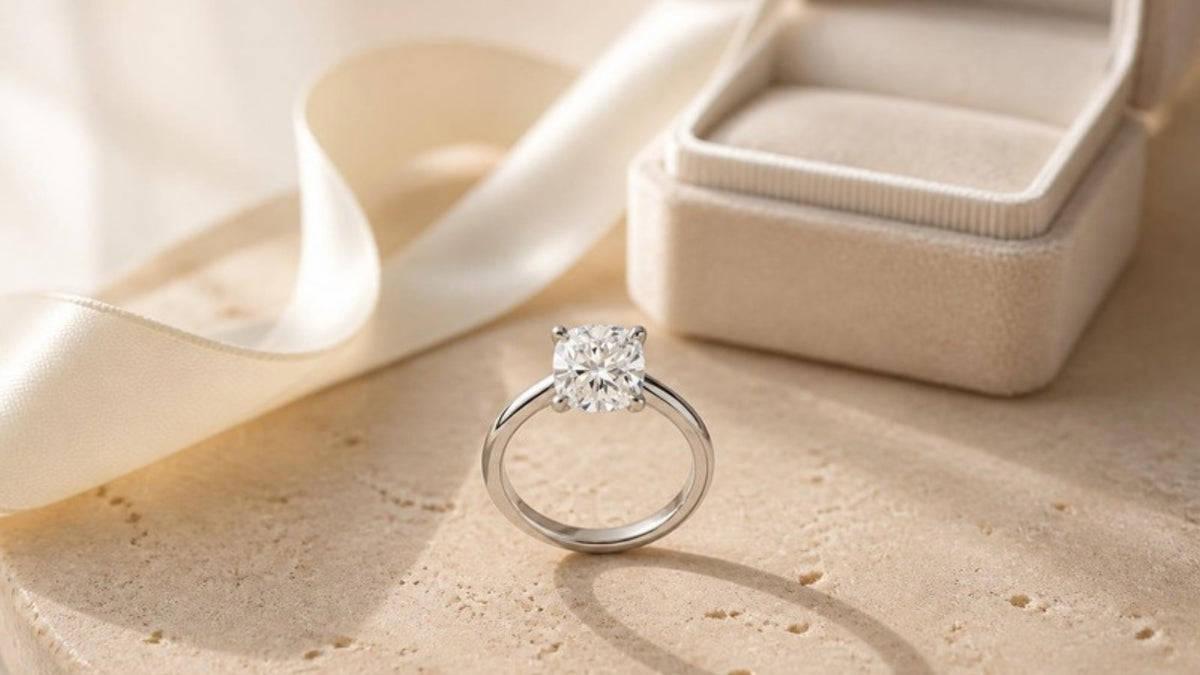 Cushion-cut lab-grown diamond solitaire engagement ring on a travertine surface beside a cream ring box