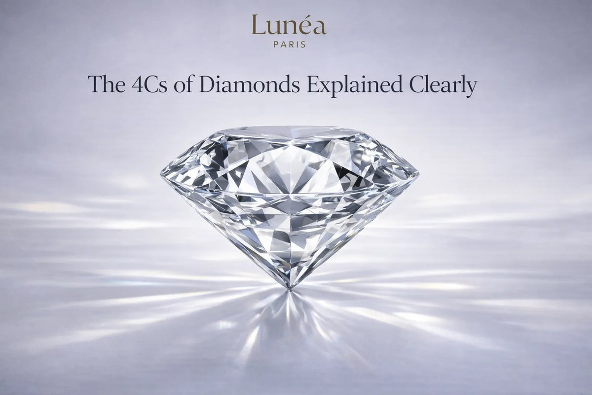Brilliant round-cut diamond reflecting light against a soft, elegant grey background with Lunéa Paris branding.