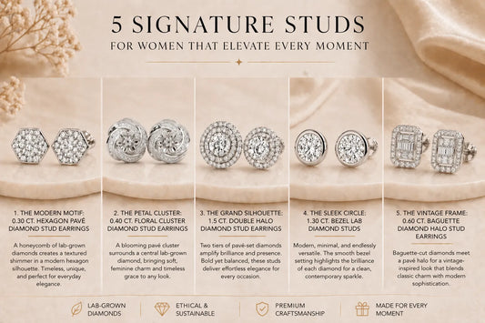 Five pairs of elegant lab-grown diamond stud earrings in various shapes, including hexagon, floral, and halo designs.