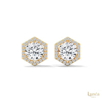 0.22 CT hexagon halo stud earrings featuring a round lab-grown diamond set in polished 14K gold with pavé accents.