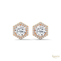 0.22 ct. lab-grown diamond stud earrings featuring a round brilliant center stone in a geometric hexagon halo setting.